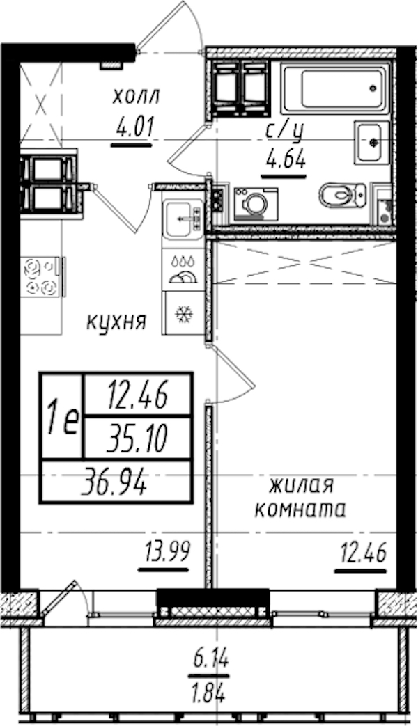 1-комнатная квартира 36.94 м², 25/25 эт., ЖК «Северная Долина»